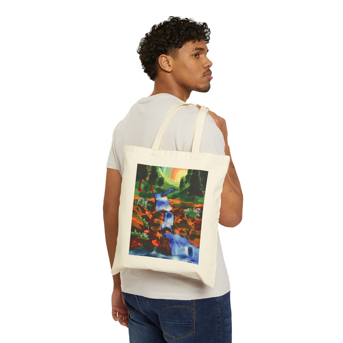 Canvas Tote Bag — Colorful Waterfall Nature Print Tote (Rainbow & Forest)