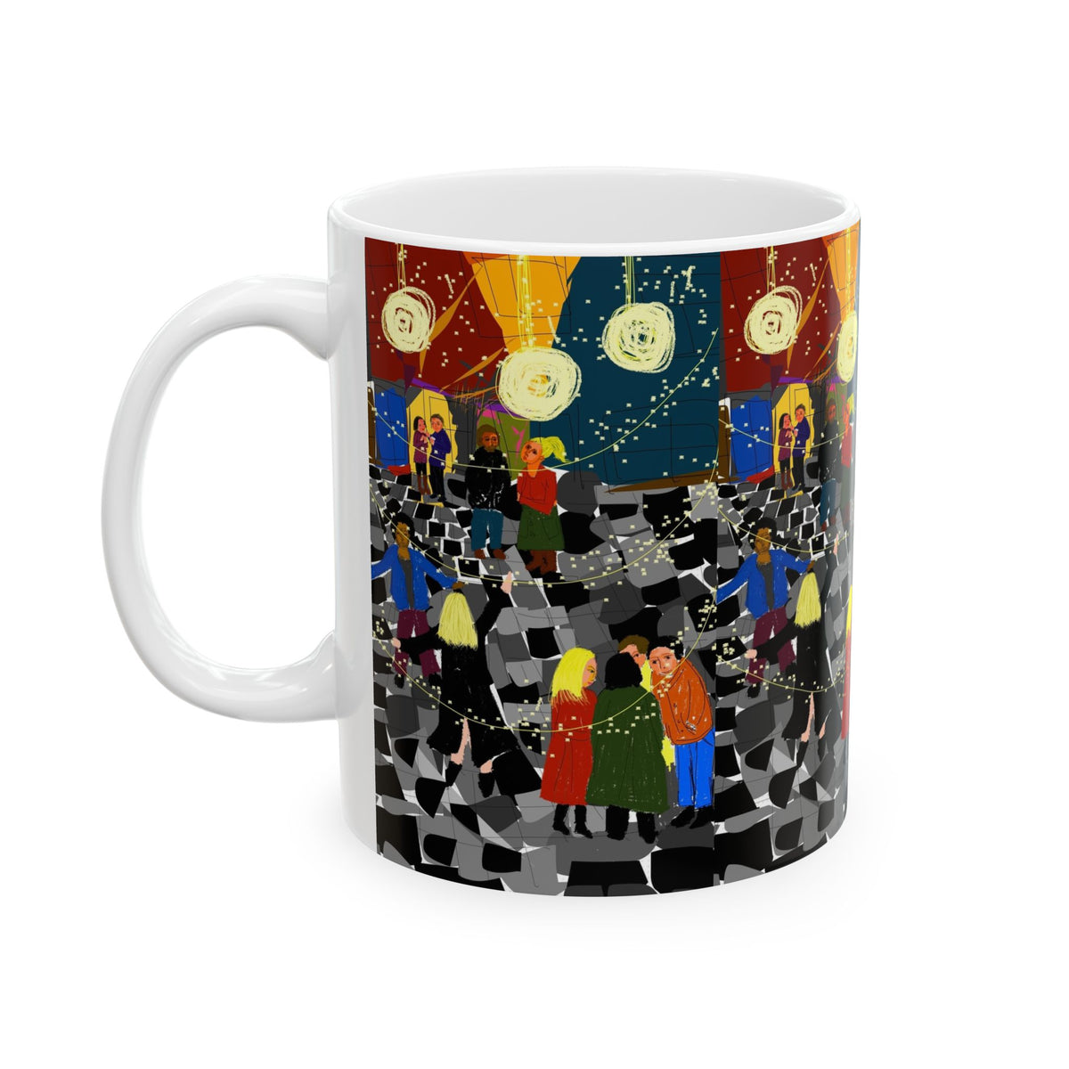New Year Street Celebration Ceramic Mug — Festive Crowd, Lanterns (11oz & 15oz)