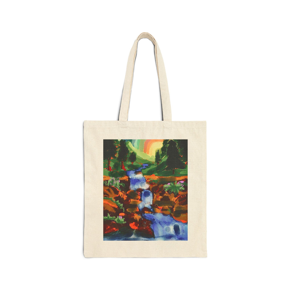 Canvas Tote Bag — Colorful Waterfall Nature Print Tote (Rainbow & Forest)