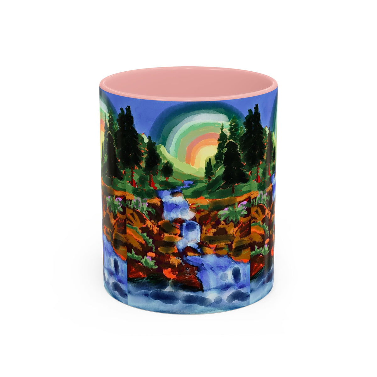 Scenic Waterfall Coffee Mug — Colorful Rainbow Landscape Accent Mug