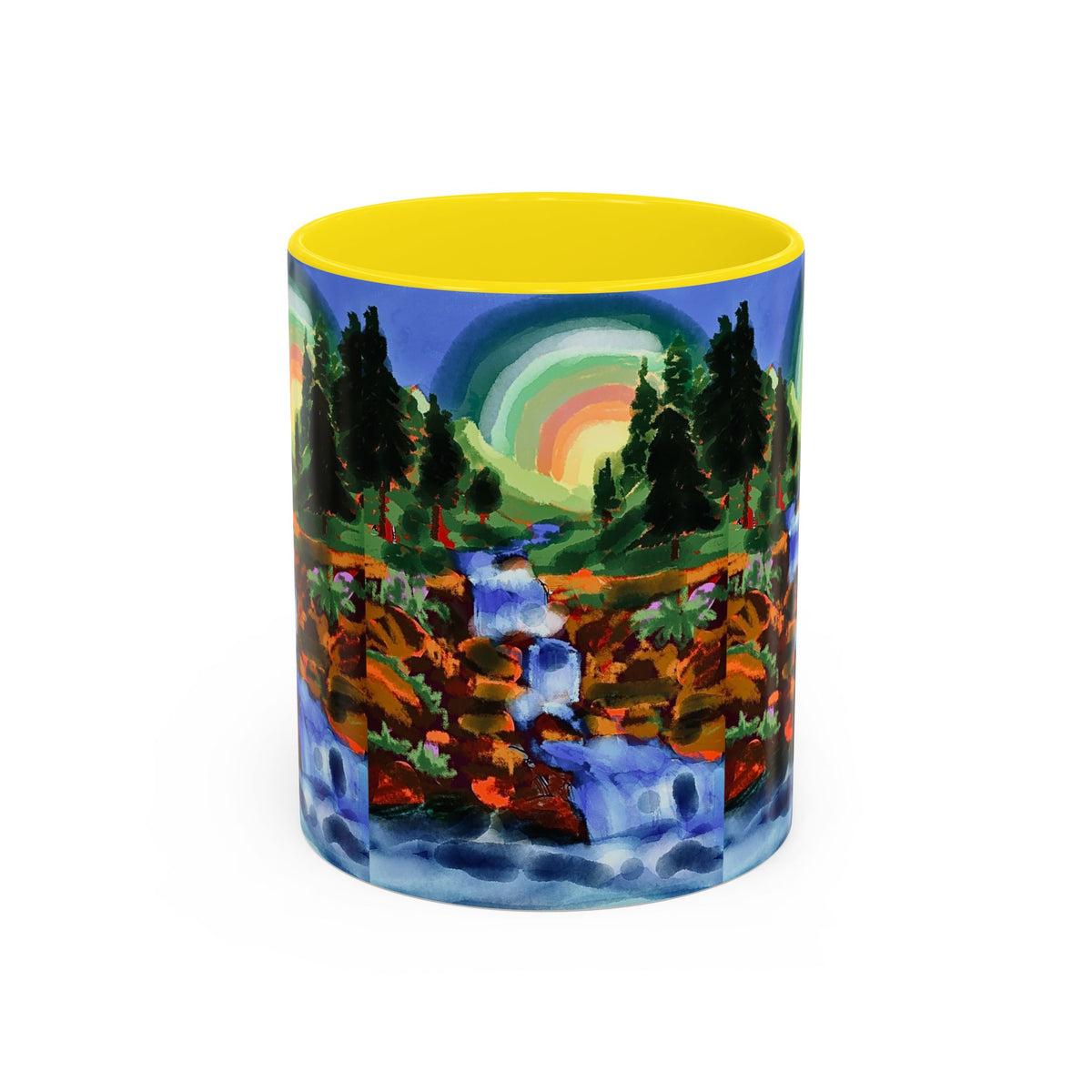 Scenic Waterfall Coffee Mug — Colorful Rainbow Landscape Accent Mug