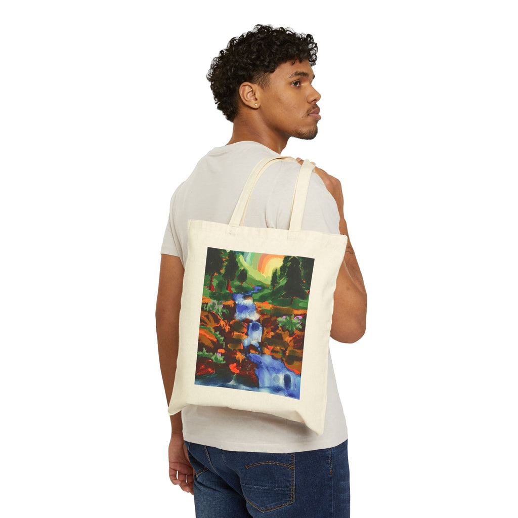 Canvas Tote Bag — Colorful Waterfall Nature Print Tote (Rainbow & Forest)