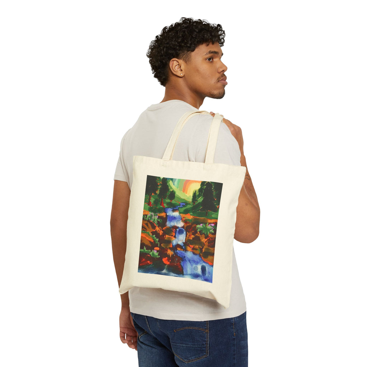 Canvas Tote Bag — Colorful Waterfall Nature Print Tote (Rainbow & Forest)