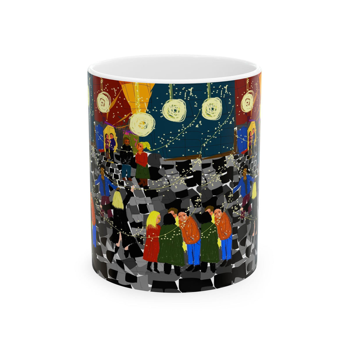 New Year Street Celebration Ceramic Mug — Festive Crowd, Lanterns (11oz & 15oz)