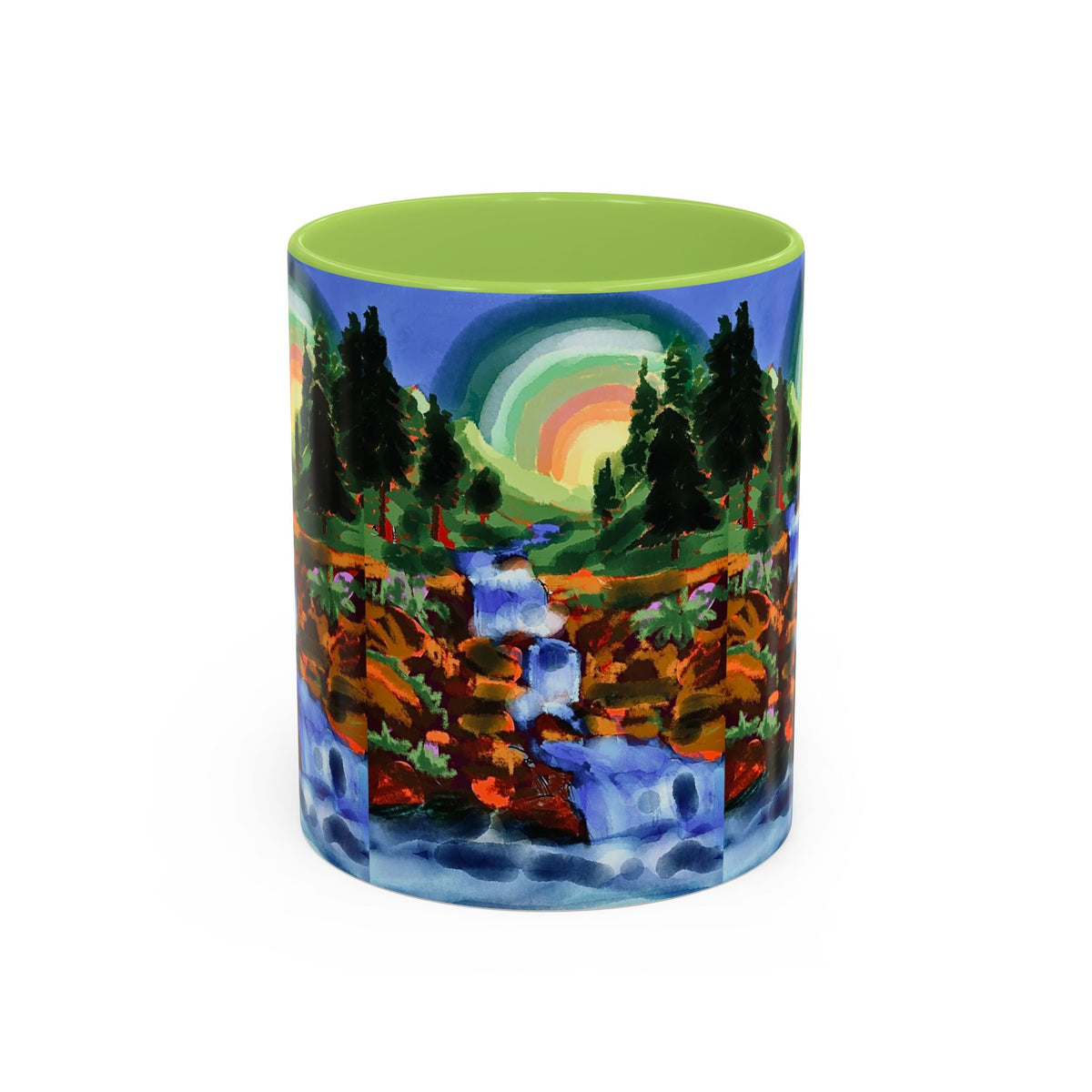 Scenic Waterfall Coffee Mug — Colorful Rainbow Landscape Accent Mug