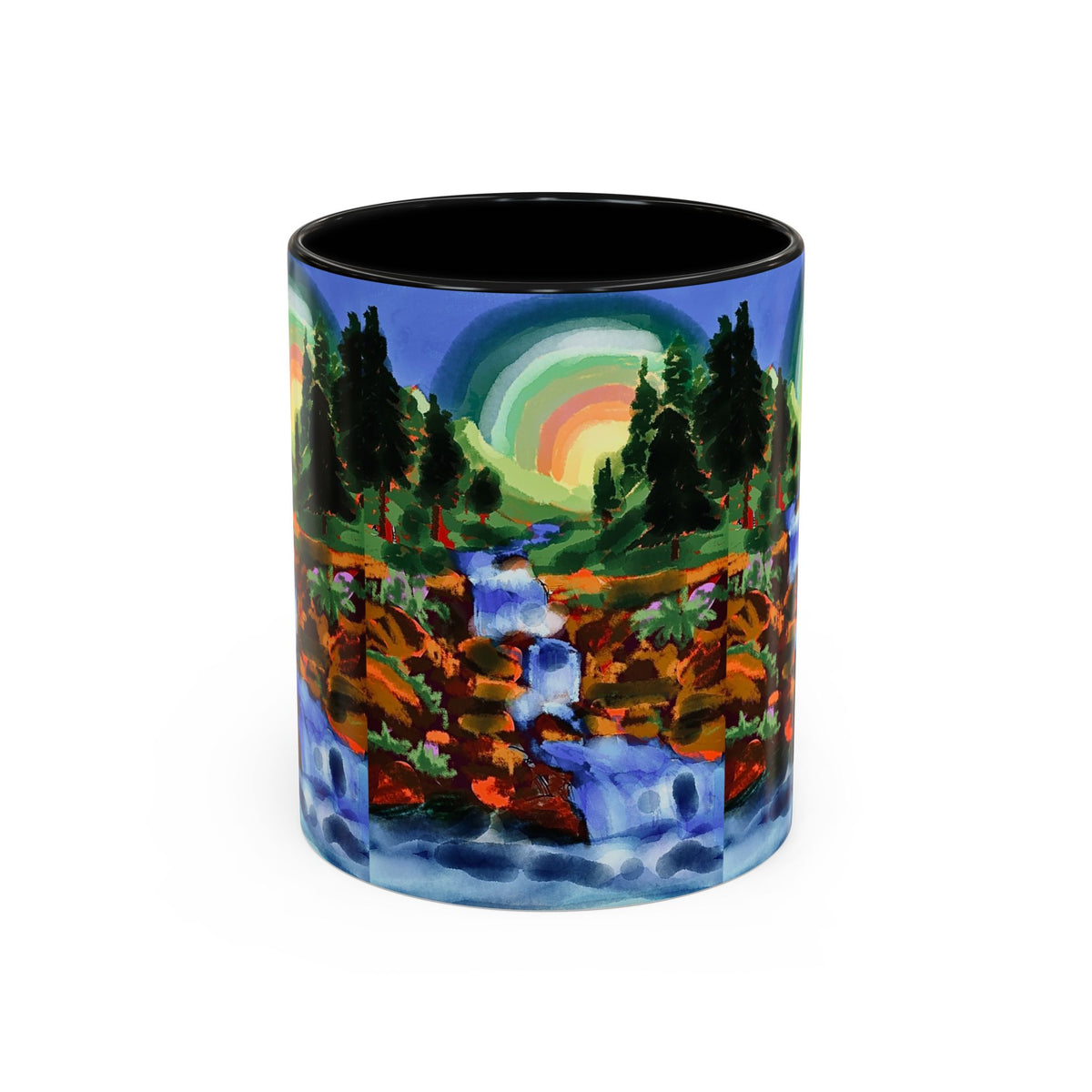 Scenic Waterfall Coffee Mug — Colorful Rainbow Landscape Accent Mug