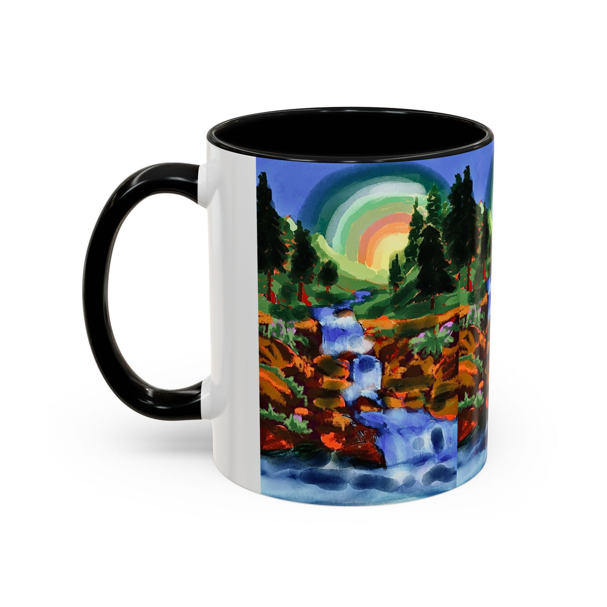 Scenic Waterfall Coffee Mug — Colorful Rainbow Landscape Accent Mug