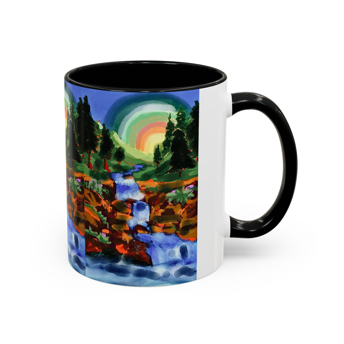 Scenic Waterfall Coffee Mug — Colorful Rainbow Landscape Accent Mug