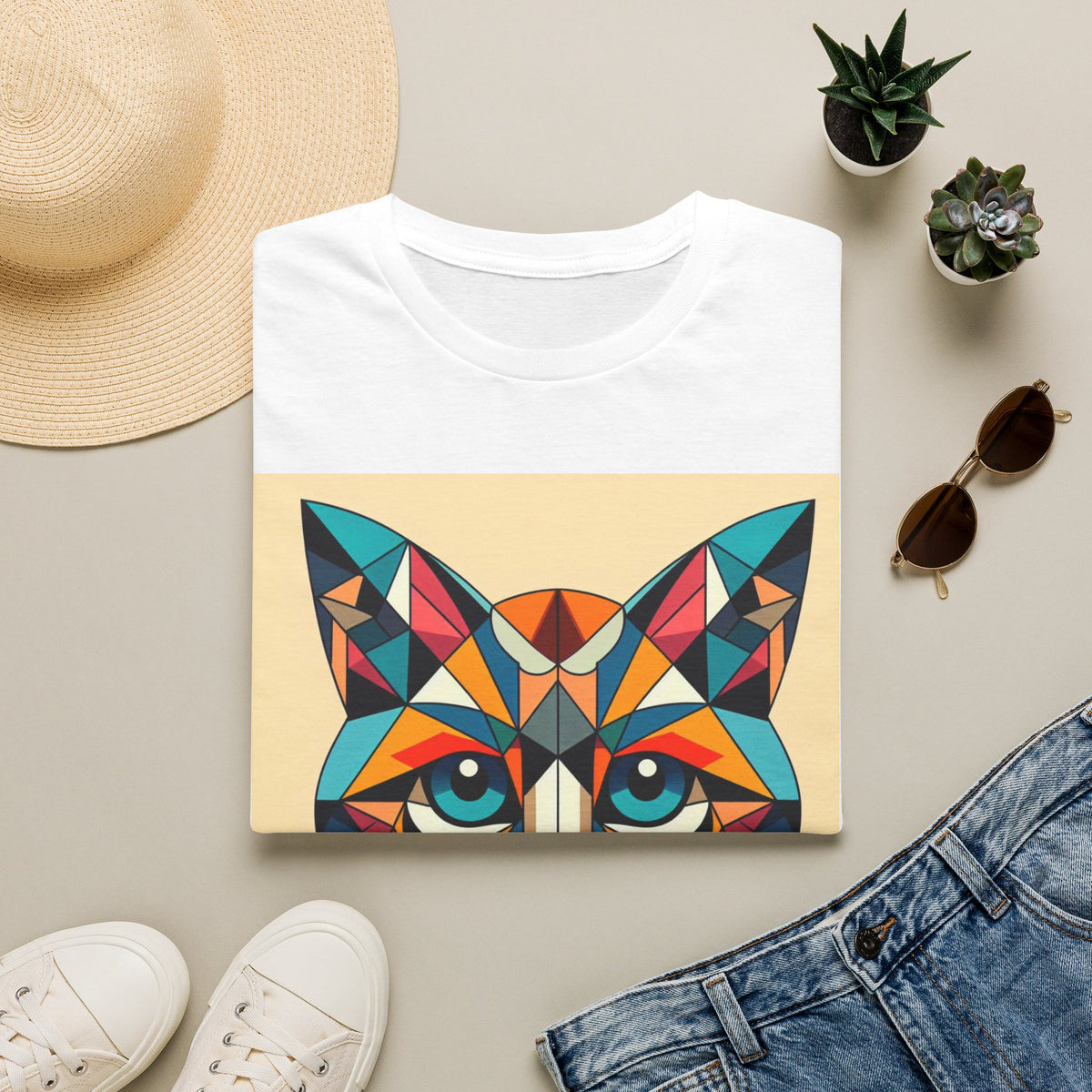 Geometric Colorful Cat T-Shirt — Vibrant Abstract Feline Art Tee