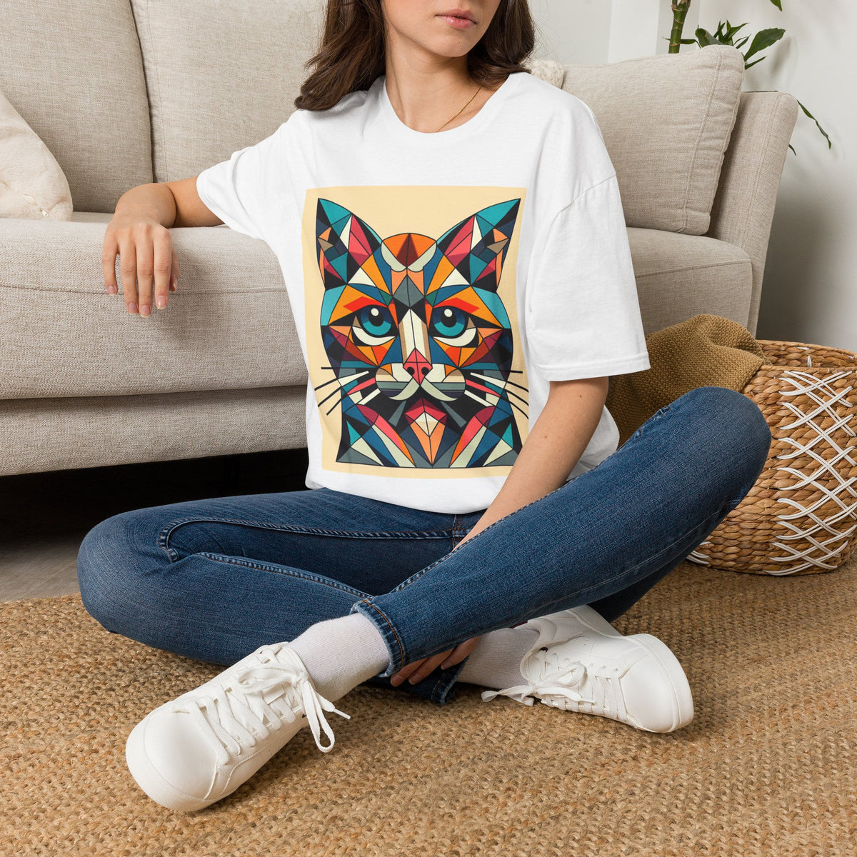 Geometric Colorful Cat T-Shirt — Vibrant Abstract Feline Art Tee