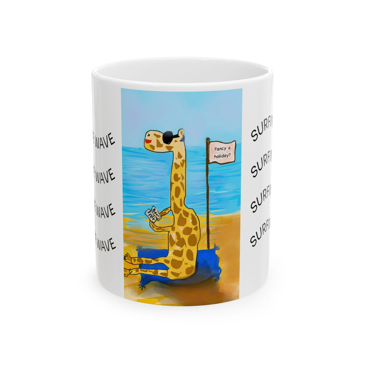 Surfs Up Giraffe Ceramic Mug – Cute Beach Animal Coffee Cup (11oz/15oz)