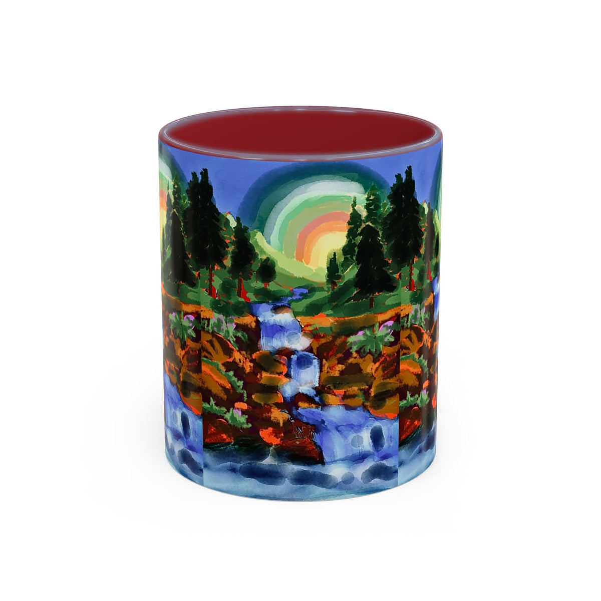 Scenic Waterfall Coffee Mug — Colorful Rainbow Landscape Accent Mug
