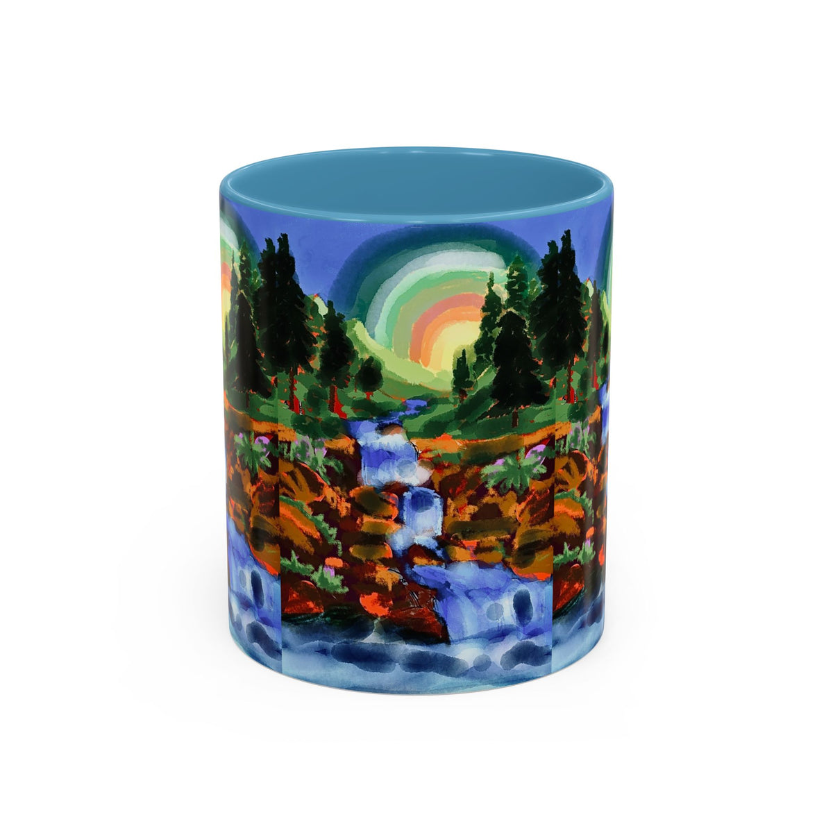 Scenic Waterfall Coffee Mug — Colorful Rainbow Landscape Accent Mug