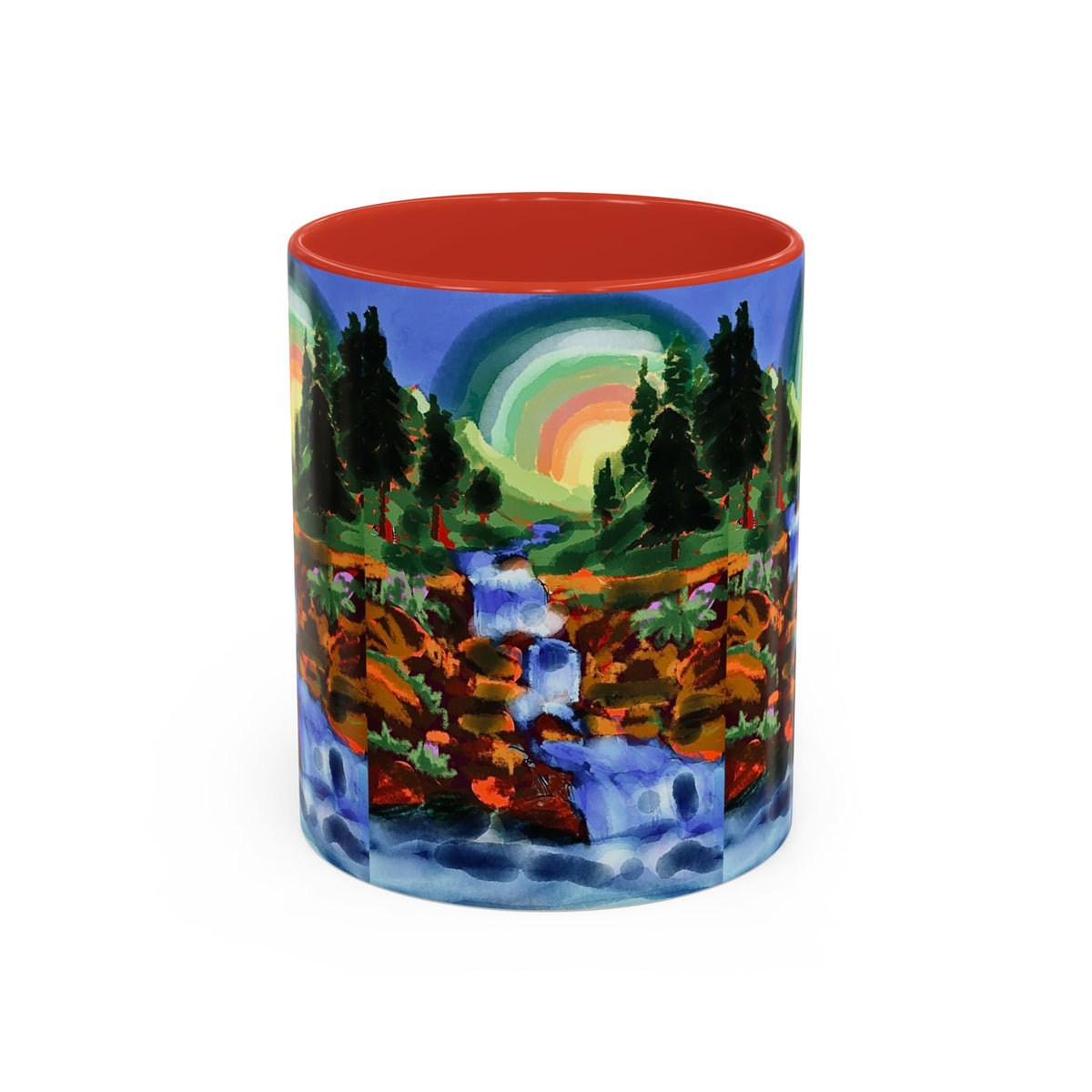 Scenic Waterfall Coffee Mug — Colorful Rainbow Landscape Accent Mug