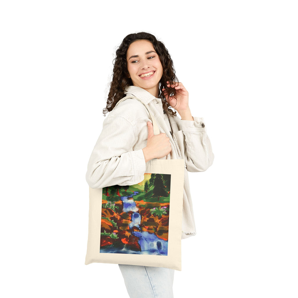 Canvas Tote Bag — Colorful Waterfall Nature Print Tote (Rainbow & Forest)