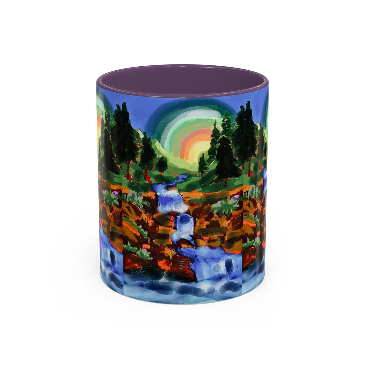 Scenic Waterfall Coffee Mug — Colorful Rainbow Landscape Accent Mug