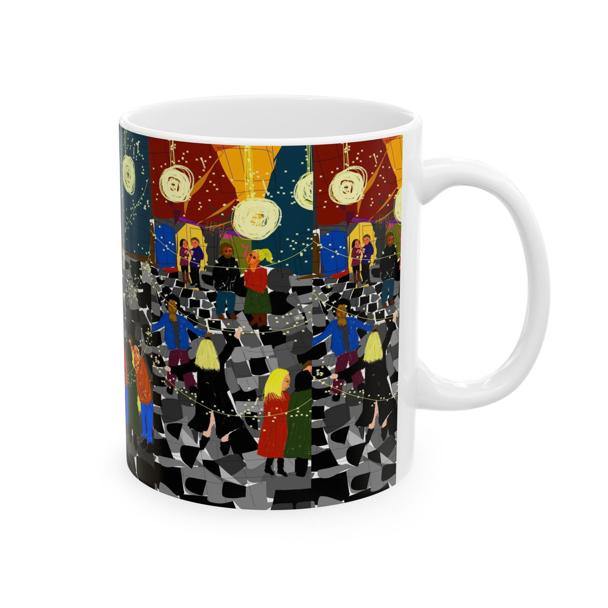 New Year Street Celebration Ceramic Mug — Festive Crowd, Lanterns (11oz & 15oz)